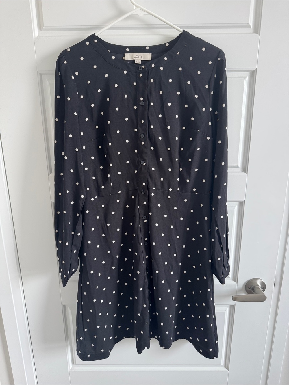 LOFT Black Dress with White Polka Dots, Long Sleeve